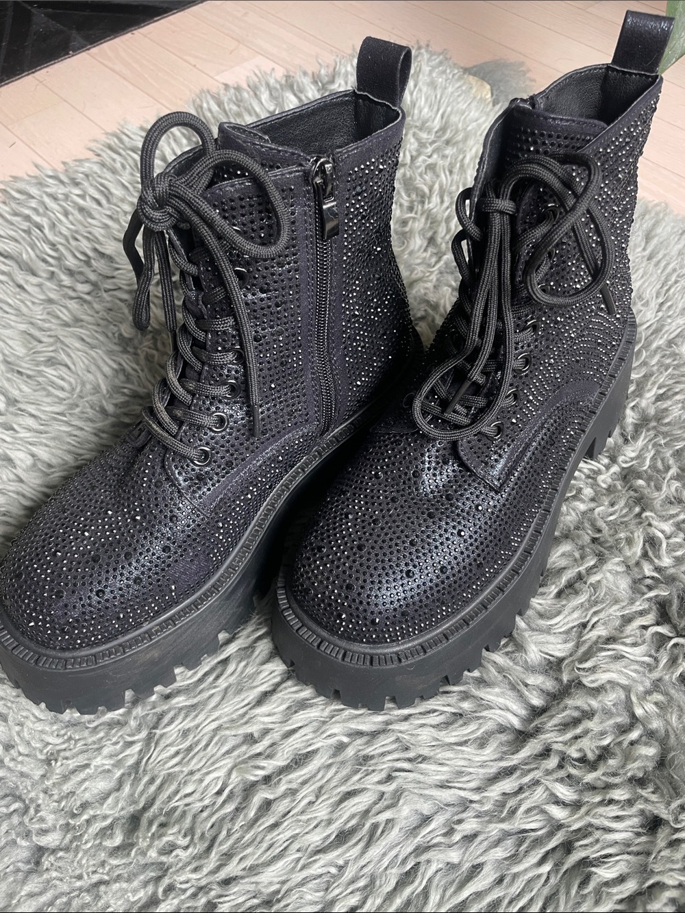 AKIRA Black Rhinestone Lace-Up Platform Combat Boots
